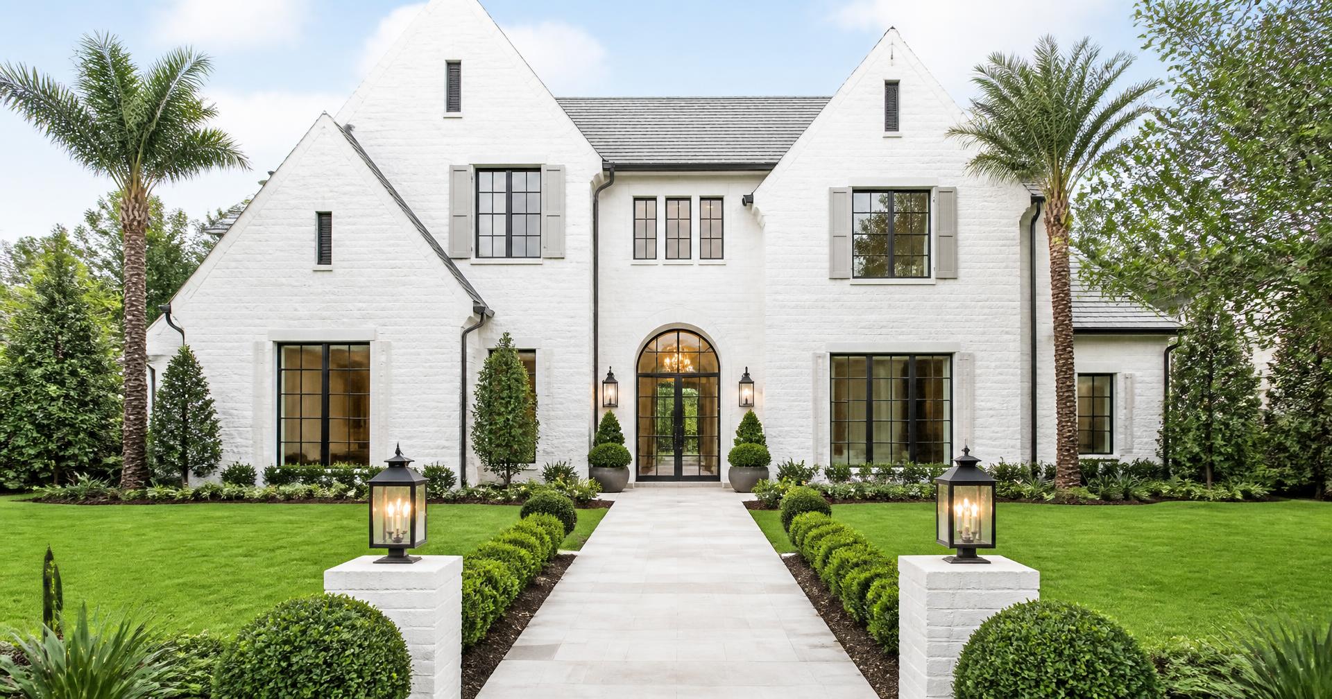 White brick American luxury home with elegant landscaping