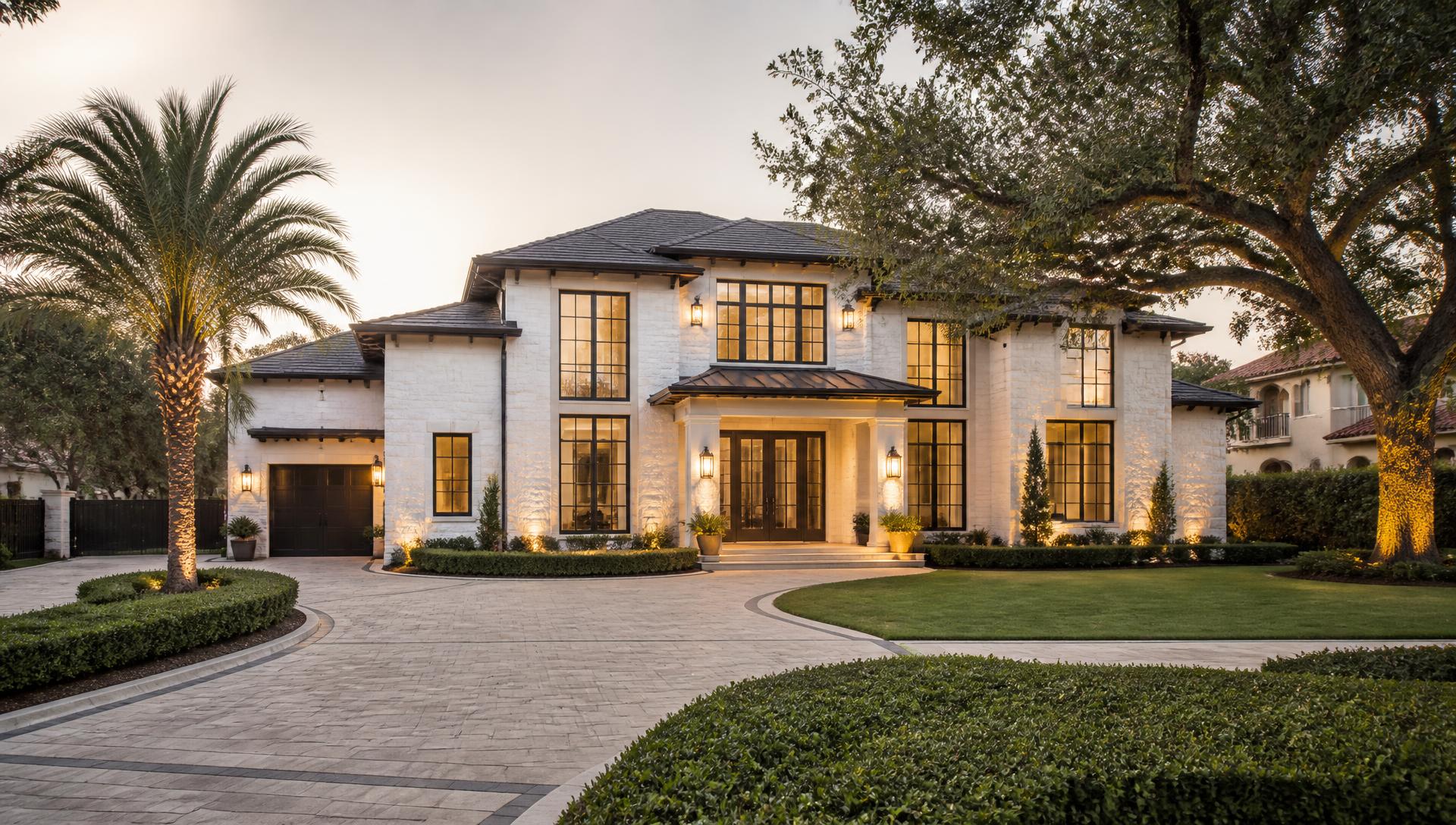 Elegant two-story American luxury home at dusk with warm interior lighting